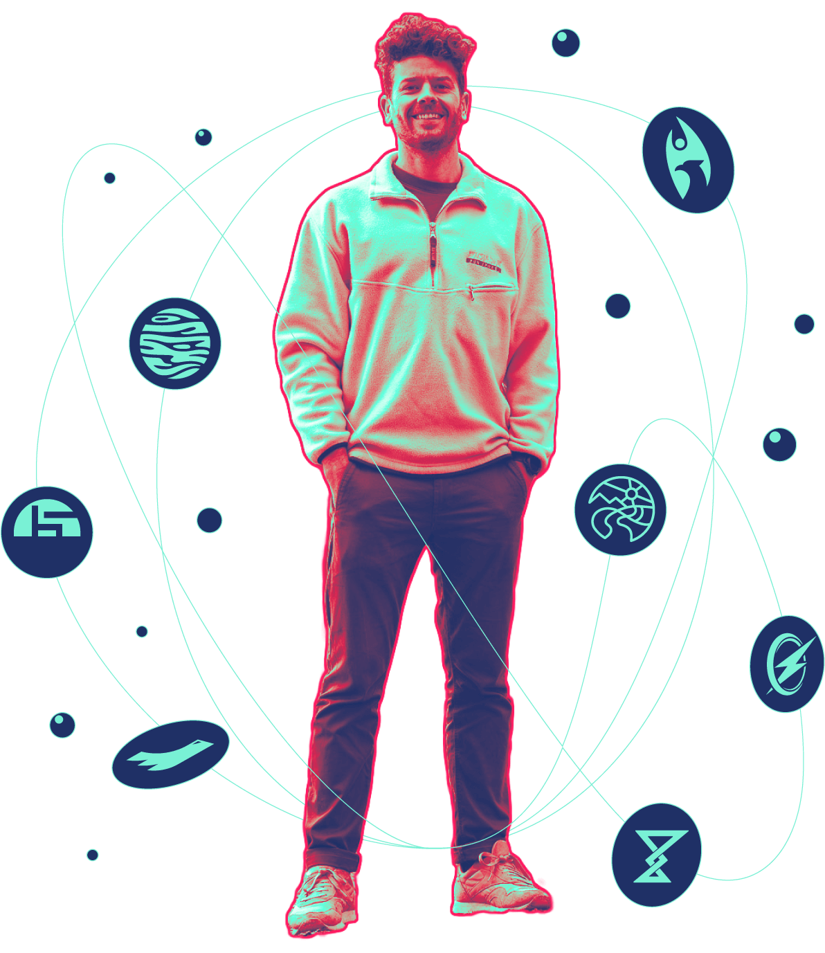 Etienne surrounded by orbitals of his design work